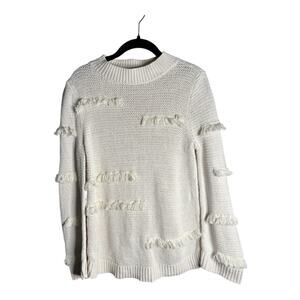 Loft White High Neck Long Sleeve Sweater Fringe Detail Size Medium